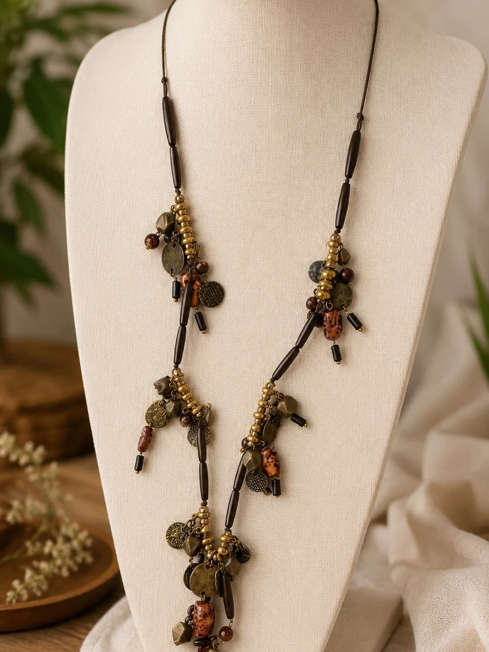 Artisan Layered Bead and Charm Necklace in Olive and Brown